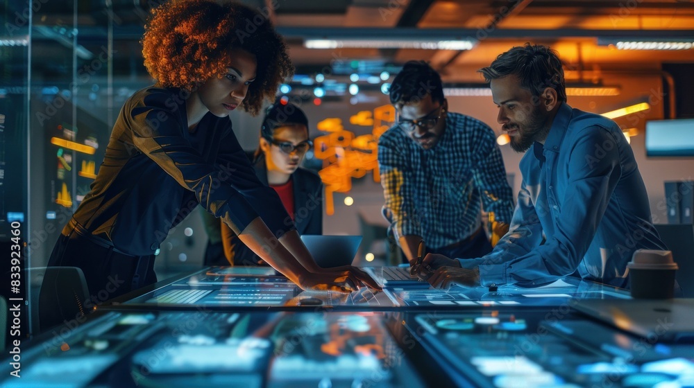 Innovative Business Leaders Brainstorming in a High-Tech Workspace