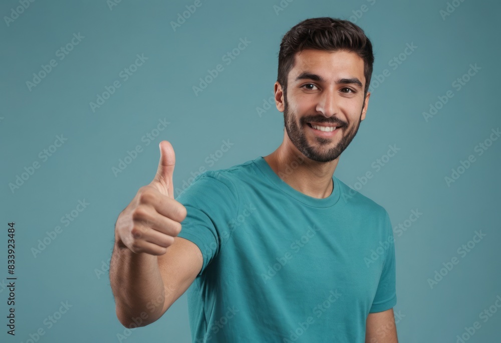 A young man in a teal shirt poses with a thumbs-up. His expression is confident and approving. A young man in a teal shirt poses with a thumbs-up. His expression is confident and approving.