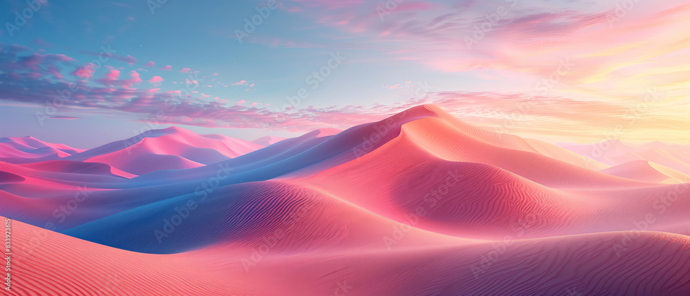An endless sand dunes, with pastel colors blending harmoniously under the soft light of dawn An endless sand dunes, with pastel colors blending harmoniously under the soft light of dawn