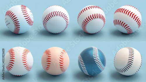 A collection of baseballs placed on a bright blue background, great for sports or educational themes © Fotograf