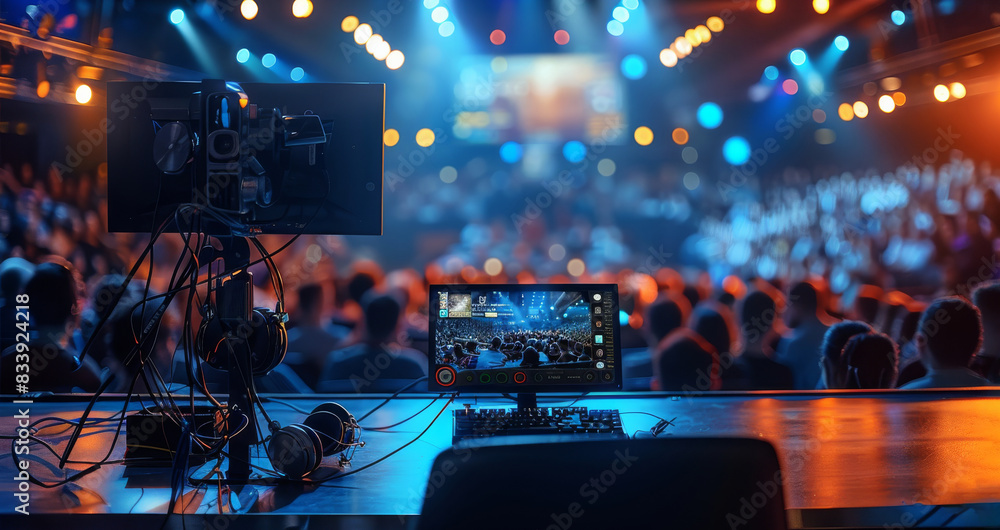 Commentator's desk, an audience in the background. Generative AI. Commentator's desk, an audience in the background. Generative AI.