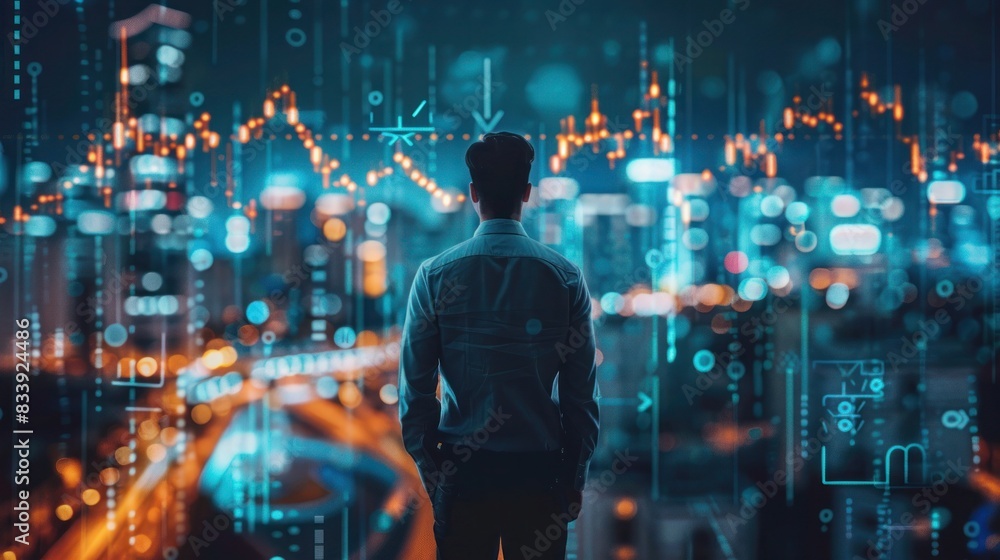 Digital stock market chart growth with building city night time. organization startup concept, business man standing formal shirt Digital stock market chart growth with building city night time. organization startup concept, business man standing formal shirt