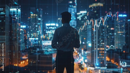 financial graph with uptrend line and bar chart of stock market with building city night time. organization startup concept, business man standing formal shirt