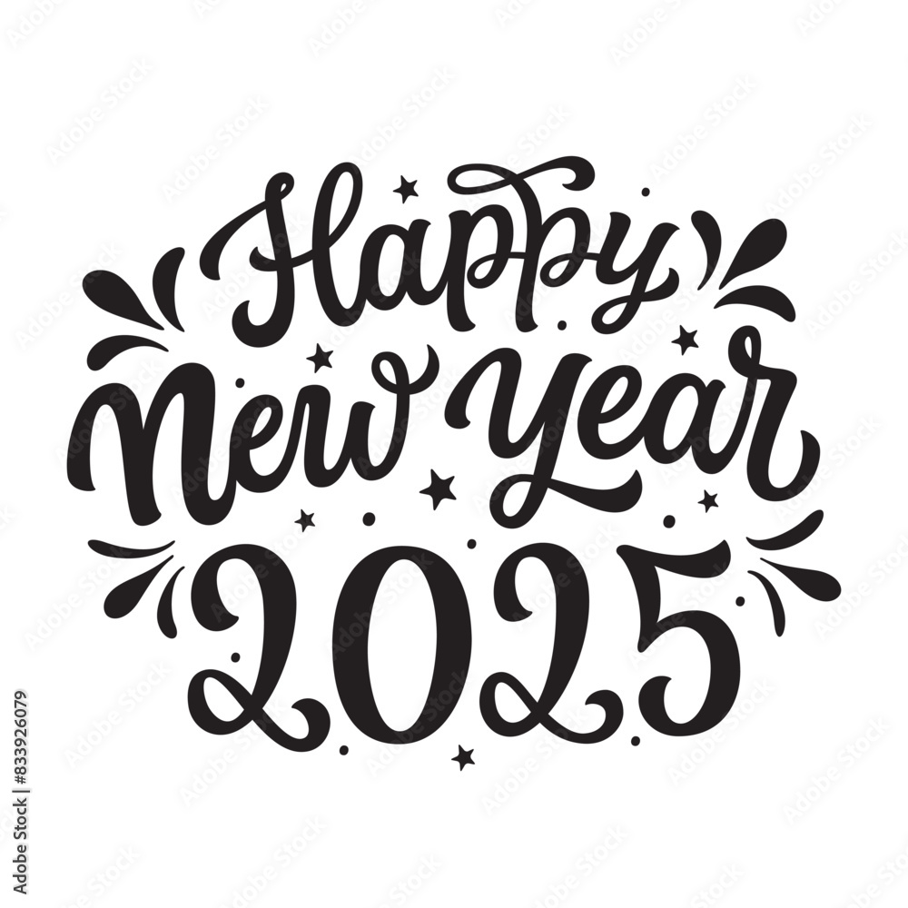 Happy New year 2025. Hand lettering black script text isolated on white background. Vector typography for posters, banners, cards, New year or Christmas decorations Happy New year 2025. Hand lettering black script text isolated on white background. Vector typography for posters, banners, cards, New year or Christmas decorations