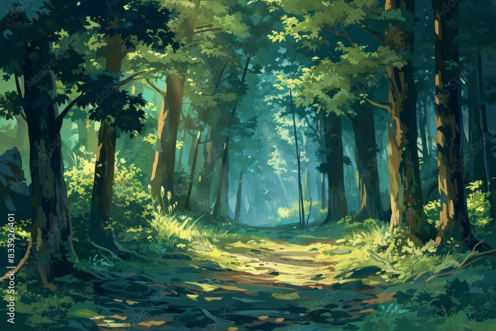 Fototapeta premium Anime cartoon-style woodland forest background, AI-generated