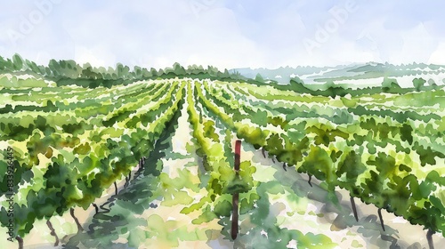 A watercolor depiction of a vineyard, with varying shades of green representing the rows of grapevines stretching into the distance.
