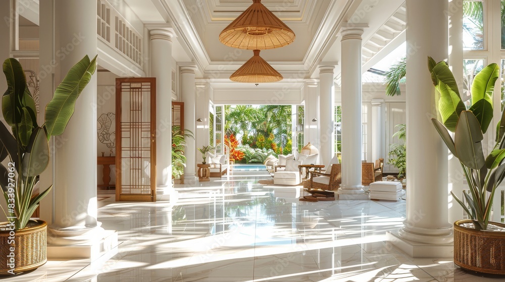 Fototapeta premium A white tropical spacious villa entrance foyer with a touch of colorful shading parasols and rattan classical furniture. Generative AI.
