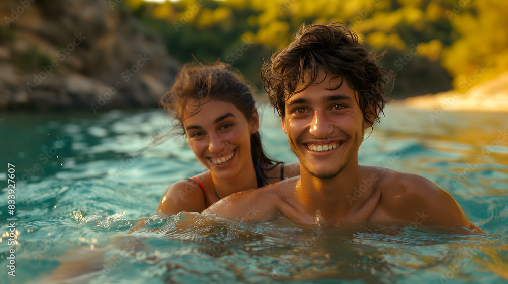 Pareja joven divirtiéndose en el mar Pareja joven divirtiéndose en el mar