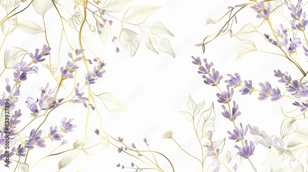 Fototapeta premium Lavender floral, luxury botanical on white background vector, empty space in the middle to leave room for text or logo, gold line wallpaper, leaves, flower, foliage, hand drawn