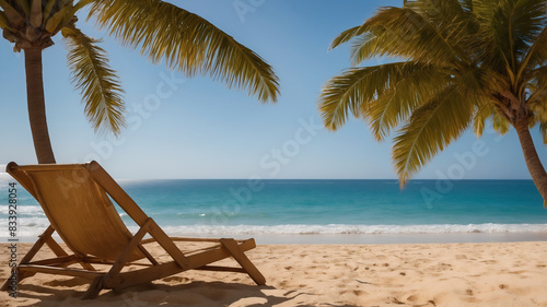 Serene Tropical Beach with Palm Trees and a Comfortable Beach Chair Overlooking Crystal Blue Waters © KraPhoto