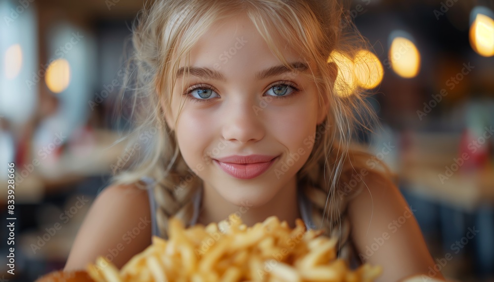 Smiling girl enjoying fries at a fast food joint Smiling girl enjoying fries at a fast food joint