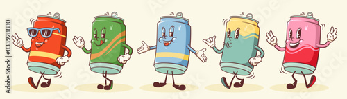 Groovy Soda Can Retro Characters Set. Cartoon Food Beer and Juice Drink Walking and Smiling Vector Fast Food Beverage Mascot Templates Collection Happy Vintage Cool Cold Coffee Illustrations Isolated