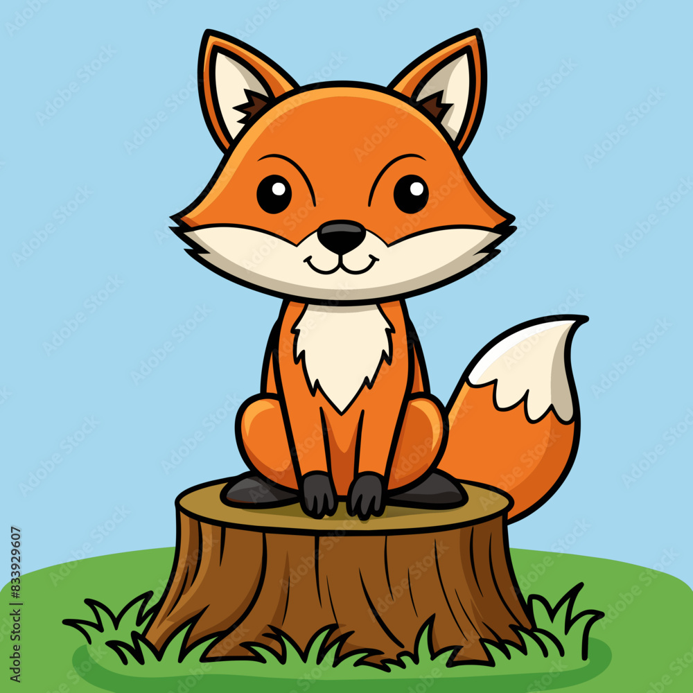 Fototapeta premium Fox sitting on tree stump vector illustration 