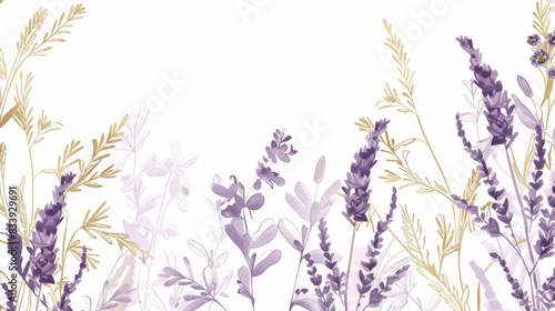 Lavender floral  luxury botanical on white background vector  empty space in the middle to leave room for text or logo  gold line wallpaper  leaves  flower  foliage  hand drawn