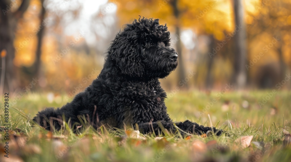 A black dog lying on the grass in the woods, suitable for nature and outdoor themed uses A black dog lying on the grass in the woods, suitable for nature and outdoor themed uses