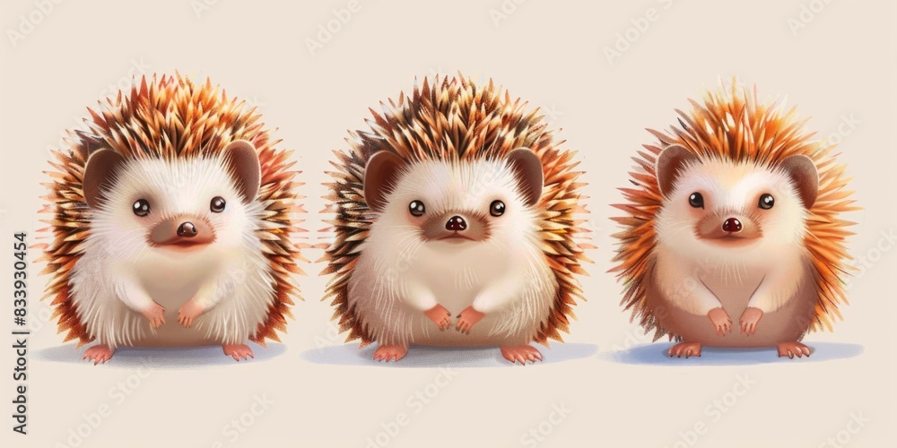 A group of small hedgehogs posing in a row, a cute and playful scene A group of small hedgehogs posing in a row, a cute and playful scene