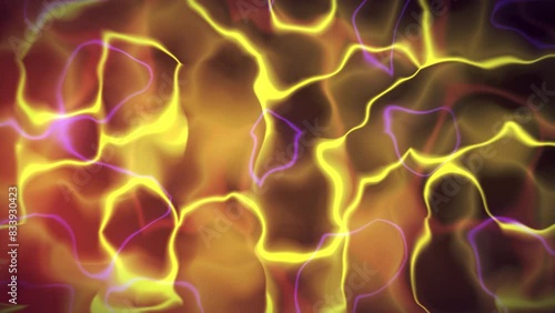 Neon loopable lines blurred gradient on black background with smoke effect of purple yellow red colors. Dark backdrop with smooth movement through the whole frame