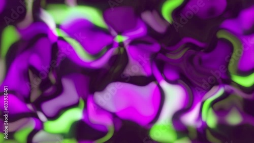 Loopable vibrant blurred gradient wave lines of purple white and acid green colors on dark background. Backdrop with smooth fast movement in the whole frame