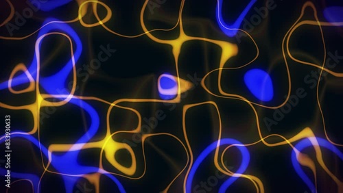 Neon loopable lines with waves effect of blue and yellow colors on dark background. Backdrop with smooth movement through the whole frame