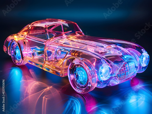 A futuristic neon car with glowing wheels and a reflection.