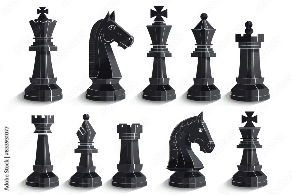 A collection of chess pieces arranged on a white background, ideal for use in educational or commercial settings A collection of chess pieces arranged on a white background, ideal for use in educational or commercial settings