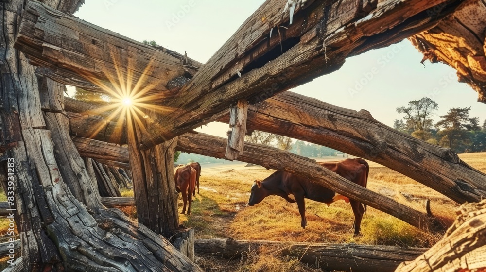 Cows Grazing by Rustic Wooden Structure at Sunrise Cows Grazing by Rustic Wooden Structure at Sunrise