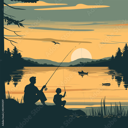 vector illustration for Father's Day, depicting a father and child fishing at a calm lake during sunset, with gentle waves and a peaceful reflection on the water