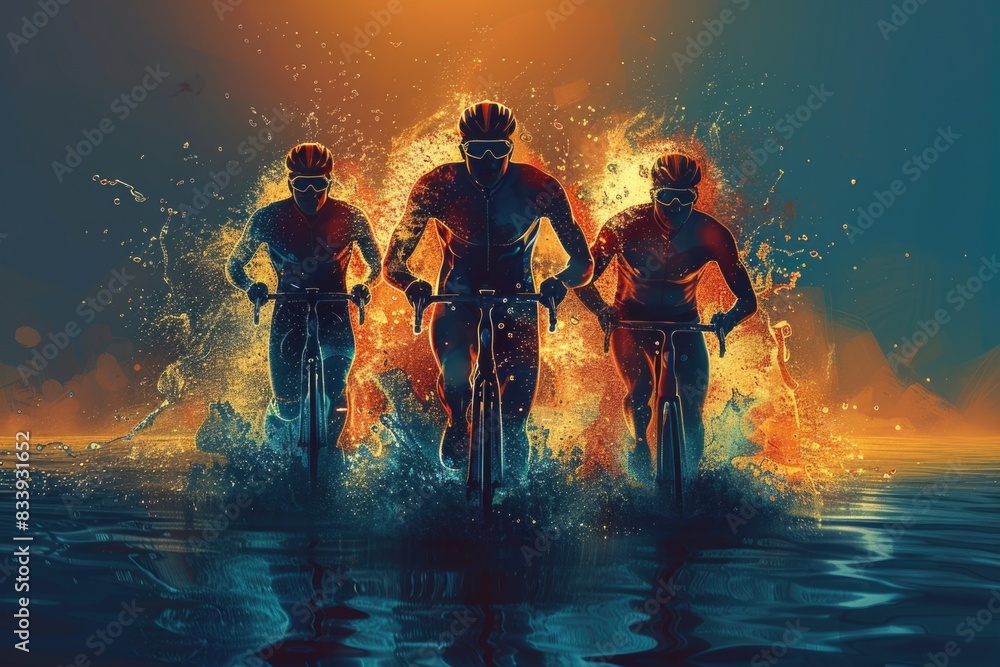 Fototapeta premium Group of cyclists pedaling on calm waters, suitable for travel, leisure or fitness themes