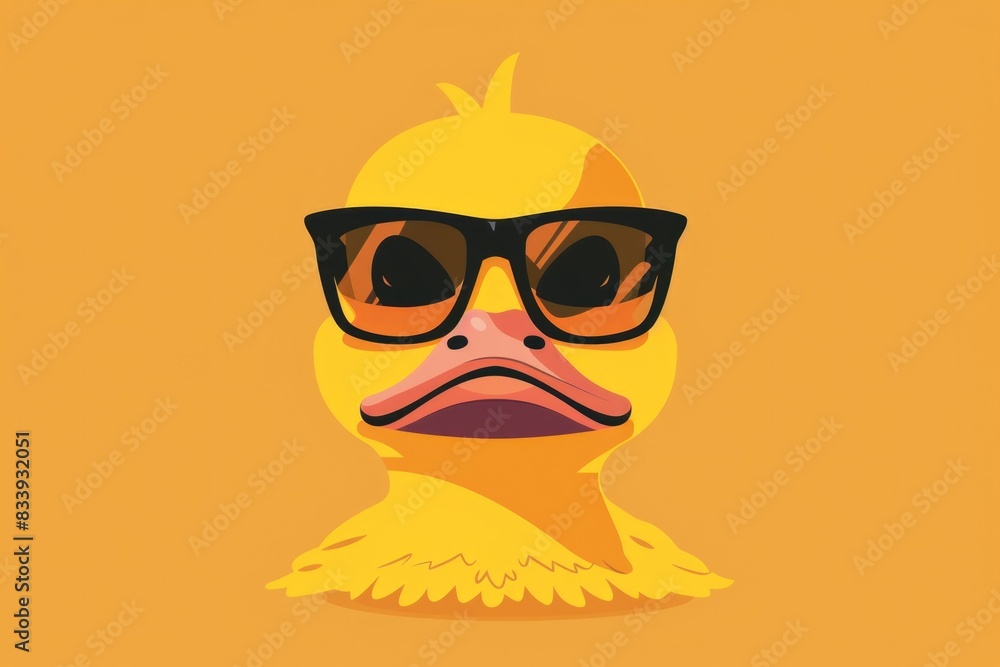 Fototapeta premium A cheerful yellow duck sporting trendy sunglasses on a bright yellow background, perfect for kids' party decorations or fun illustrations