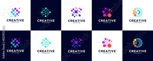 pixel flake logo set, digital science, electrical connection, logo design vector.