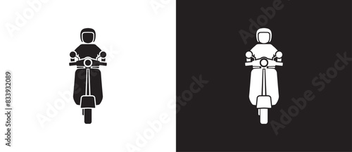 Delivery man with motocycle icon, Cargo shipping delivery expedition related vector icon, E-commerce business concept. Shipping vector illustration on black and white background.