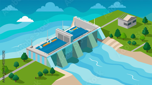 An aerial view of a tidal barrage a manmade structure built across a bay or estuary equipped with turbines to harness the constant flow of tidal. Vector illustration
