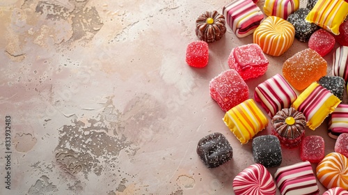 colorful licorice candies on table with copy space