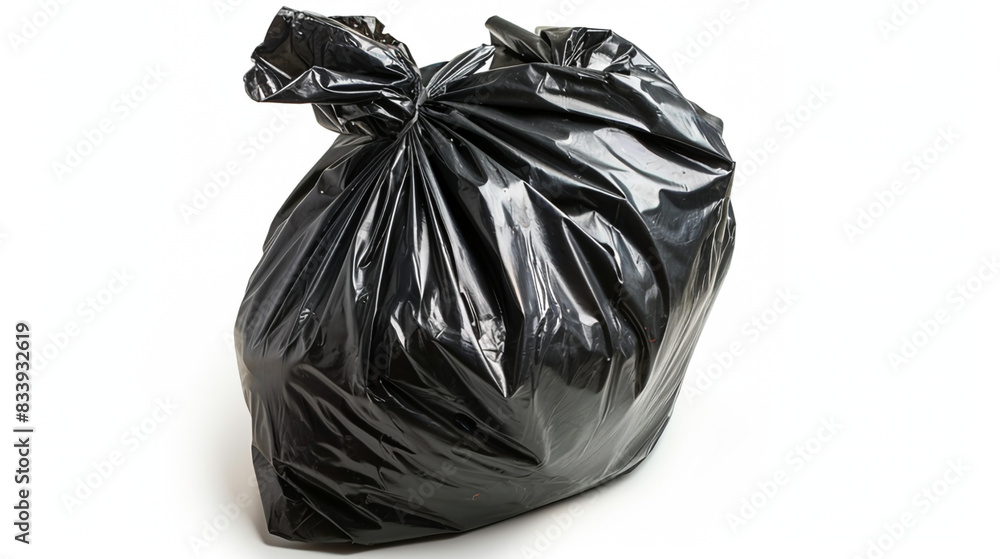 Black trash bag with a minimalist look, isolated on a white background. Black trash bag with a minimalist look, isolated on a white background.
