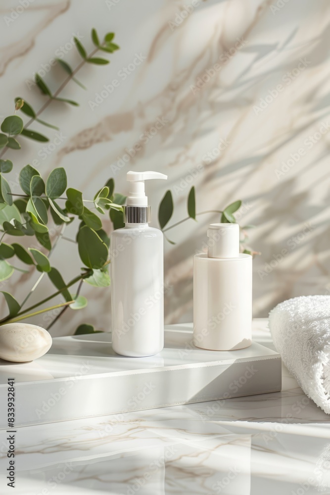 white soap and shampoo bottles on a marble counter
white soap and shampoo bottles on a marble counter