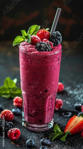 Overflowing with flavor: Munde Berry Smoothie on a fuzzy dark background photo