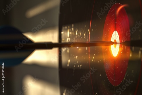 A dart successfully hits the center of a bullseye, with a simple and clean background photo