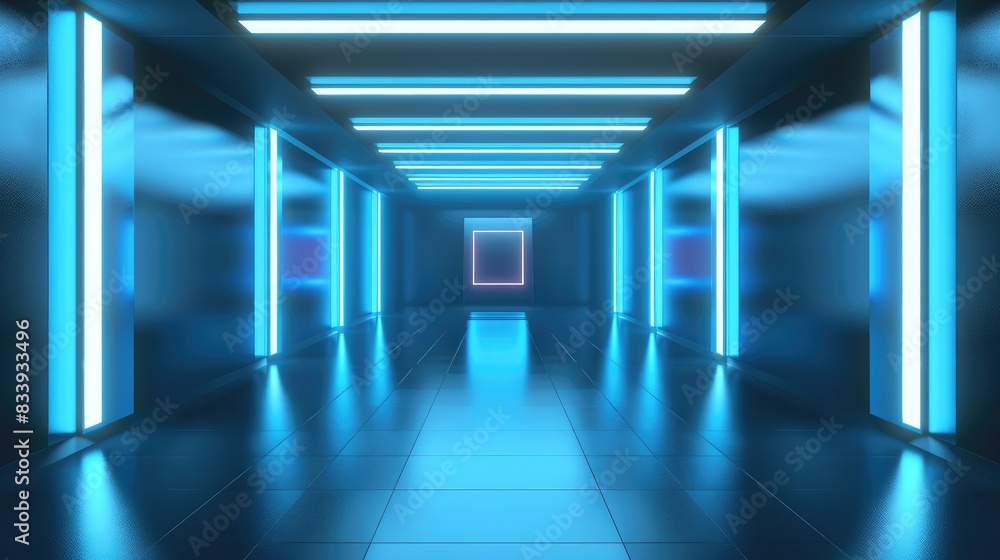 Obraz premium Futuristic Blue Neon Corridor with Glowing Lights