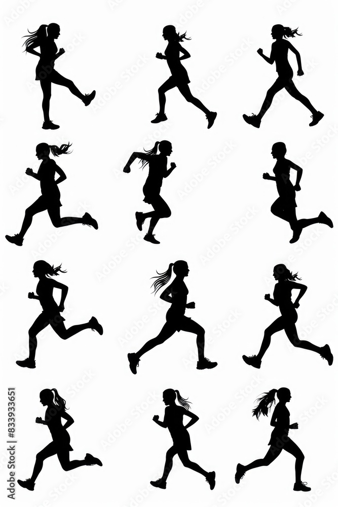 Silhouette of a woman running, captured against a bright blue sky or cityscape Silhouette of a woman running, captured against a bright blue sky or cityscape