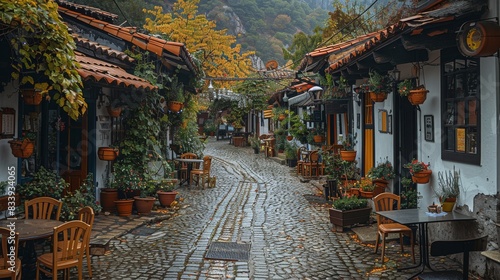 Fototapeta Naklejka Na Ścianę i Meble -  A quaint and charming village, with cobblestone streets and cozy cafes, inviting visitors to experience the charm and warmth of a small-town tourist attraction. Generative AI.