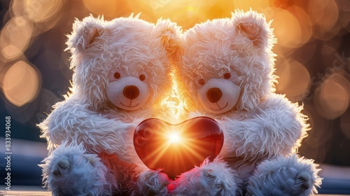 Two white fluffy teddy bears seated side by side, holding a large, glowing red heart between them, with a soft-focus sunset background creating a shimmering, golden hue. © Sundas