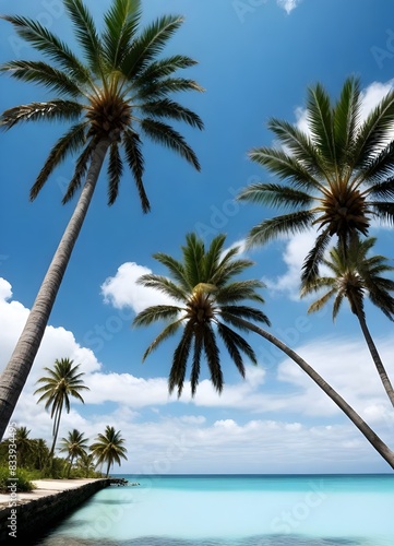 a beach with palm trees and a blue sky with clouds photo