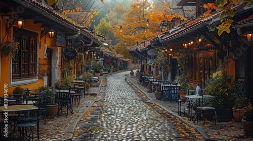 Fototapeta Naklejka Na Ścianę i Meble -  A quaint and charming village, with cobblestone streets and cozy cafes, inviting visitors to experience the charm and warmth of a small-town tourist attraction. Generative AI.