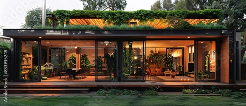 Sleek, minimalist eco-friendly house made from recycled materials. Large glass doors open to patio with pergola covered in climbing plants. Designed to maximize photo