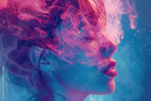 A close-up shot of a woman with bright red hair, surrounded by smoke © Fotograf