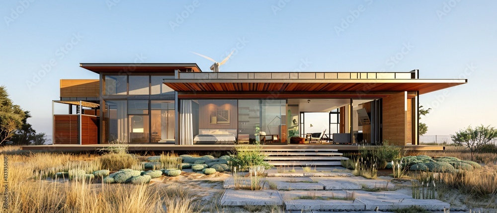 Picture of Stockillustratie Modern eco-friendly house on windy hilltop, sleek ...