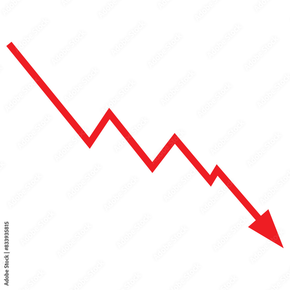 Red 3d arrow going down stock icon on white background. Bankruptcy, financial market crash icon for your web site design, logo, app, UI. graph chart downtrend symbol.chart going down sign. vector Red 3d arrow going down stock icon on white background. Bankruptcy, financial market crash icon for your web site design, logo, app, UI. graph chart downtrend symbol.chart going down sign. vector