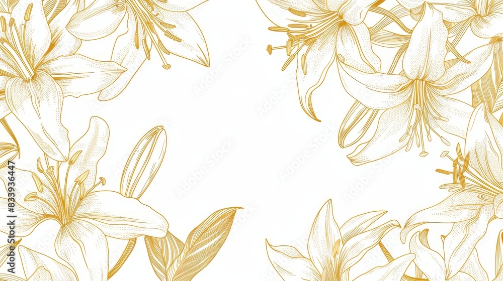 Lilies floral, luxury botanical on white background vector, empty space in the middle to leave room for text or logo, gold line wallpaper, leaves, flower, foliage, hand drawn Lilies floral, luxury botanical on white background vector, empty space in the middle to leave room for text or logo, gold line wallpaper, leaves, flower, foliage, hand drawn