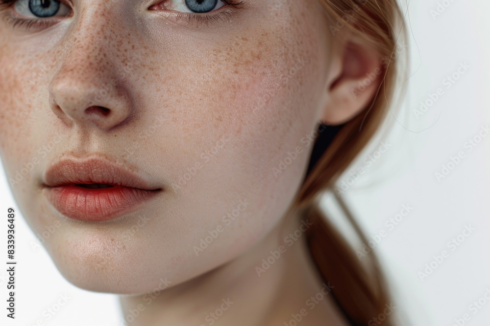 A close-up shot of a woman's face featuring freckles, suitable for use in beauty or lifestyle content A close-up shot of a woman's face featuring freckles, suitable for use in beauty or lifestyle content