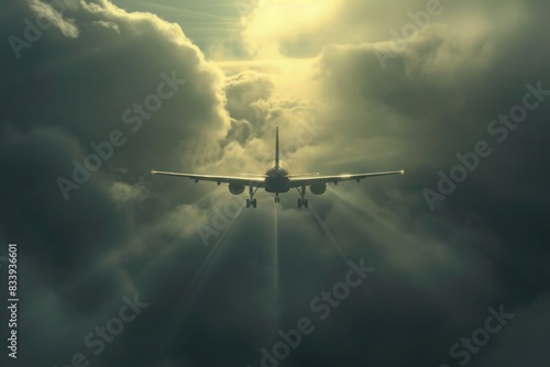 Large commercial airliner soaring through a layer of white clouds, with the sun shining down from above